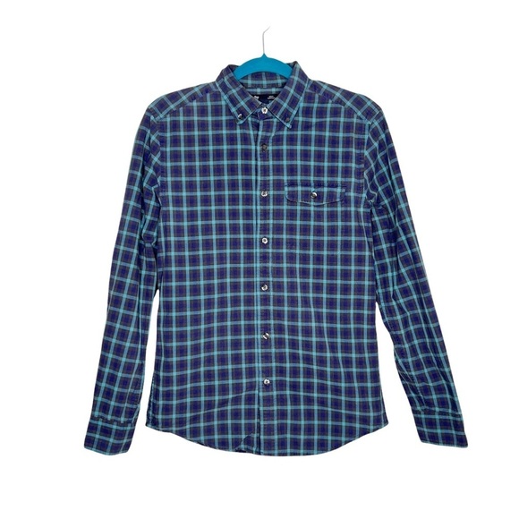 GAP Factory Navy Blue & Teal Plaid Slim Fit Button Down Shirt - Picture 1 of 10